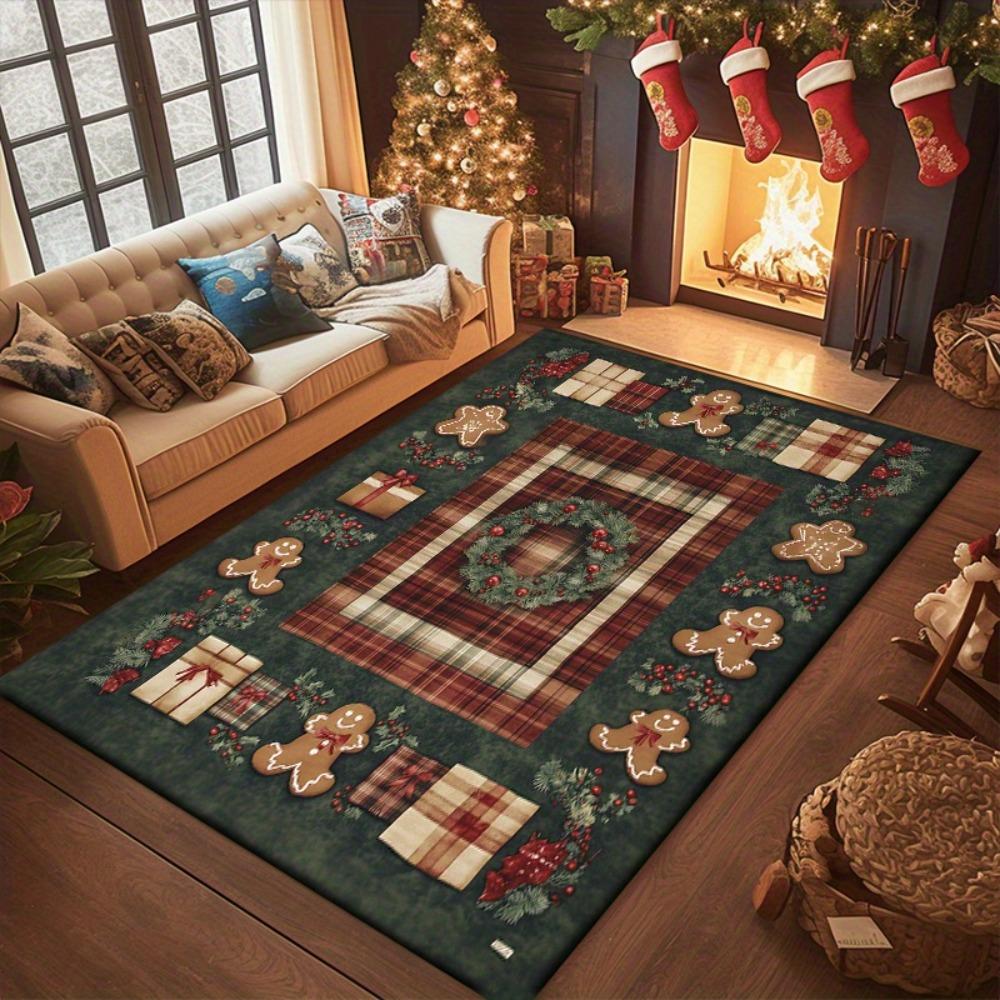 Vánoční patchwork koberec Sněhulák Sob Kobereček Červeno-zelená kostkovaná podložka Cesmína Bobule Domácí dekorace Protiskluzová podložka na podlahu do obývacího pokoje