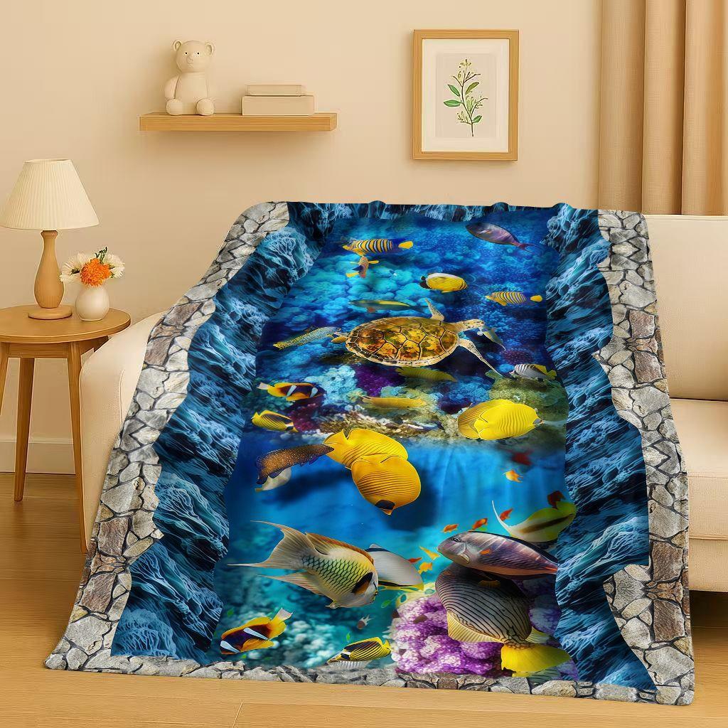 3D Illusion Underwater World Breaking Wall Art Flannel Blanket,Ultra Soft Warm Plush Throw for Home Bedroom Bed Sofa Cover Gift