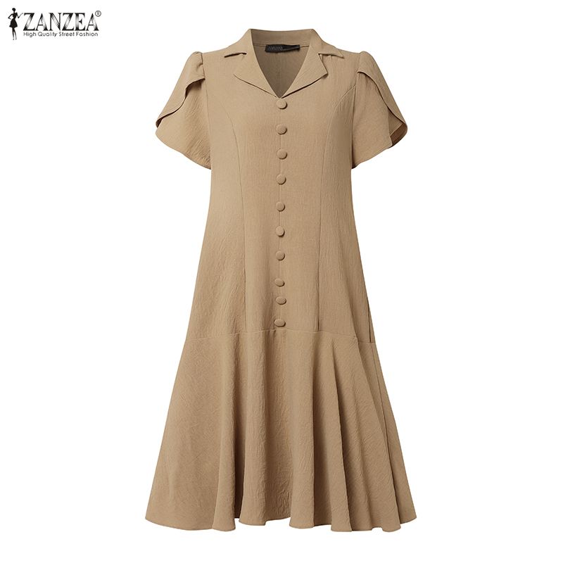 ZANZEA Women Casual Turn Down Collar Short Sleeve Casual Dress