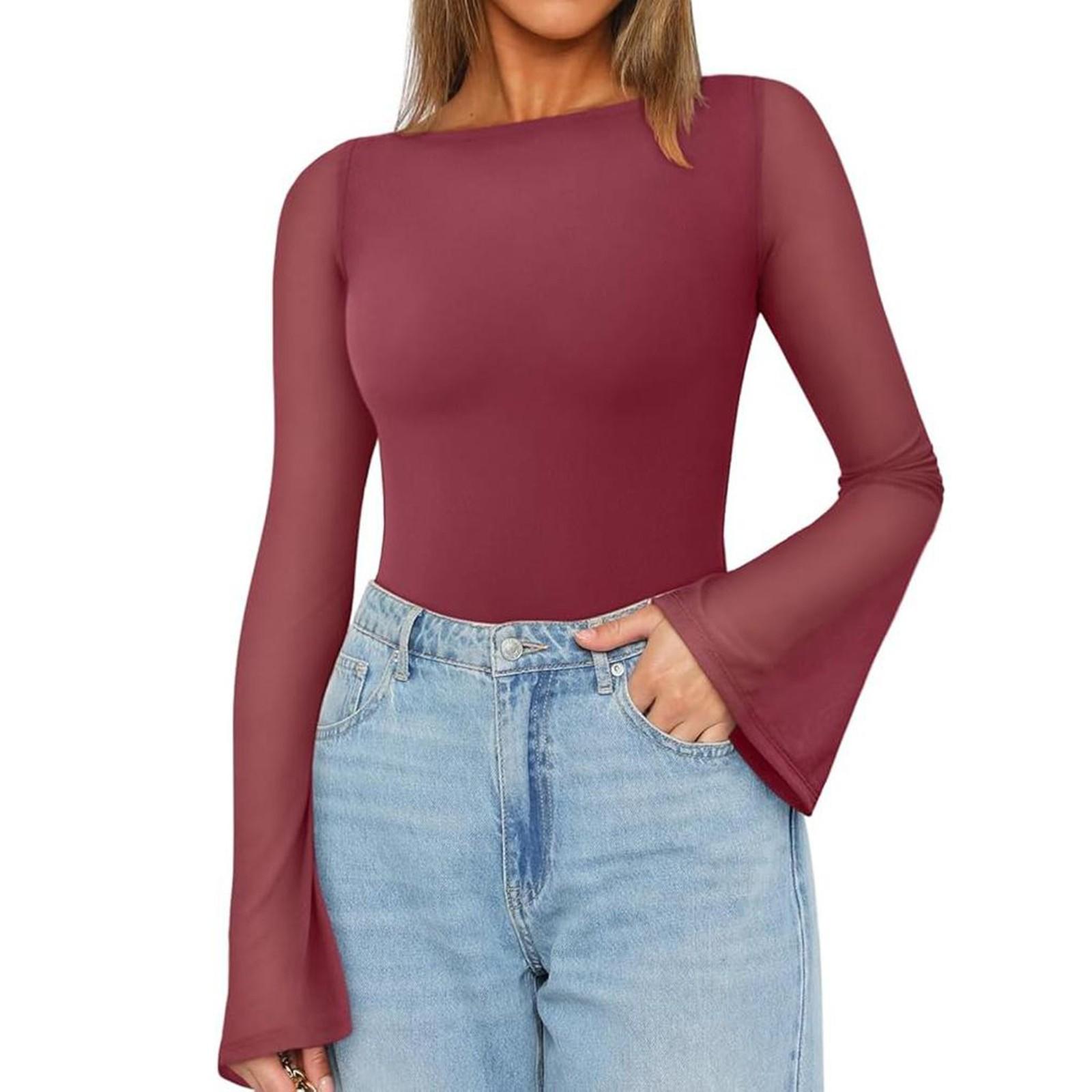 

Жіночий Модний Сексуальний Топ-боді з Прозорого Мережива з Рукавами-трубами S винний