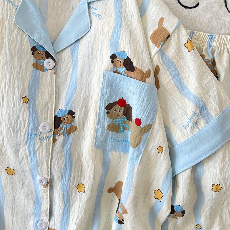Women's Cartoon Short Sleeve Pajama Set - Korean Style Cloud Cotton
