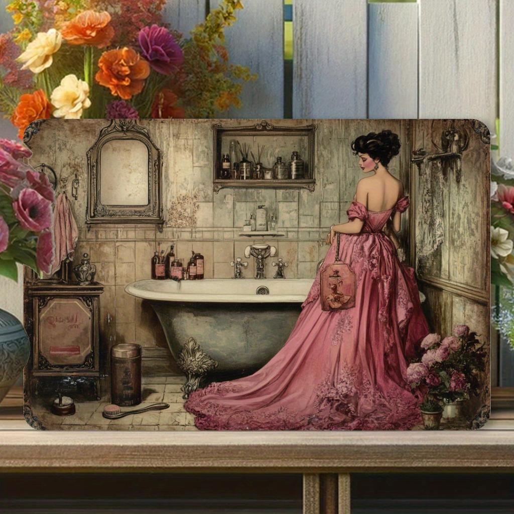 Metallschild im Vintage-Stil - Frau beim Anziehen im Badezimmer - Folienprägung Wandkunst für Heim- und Garagendekor, Eisenmaterial