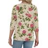 Women's Fashionable Casual Retro Floral Print V,Neck Button,Down Three,Quarter Sleeve T,Shirt Top