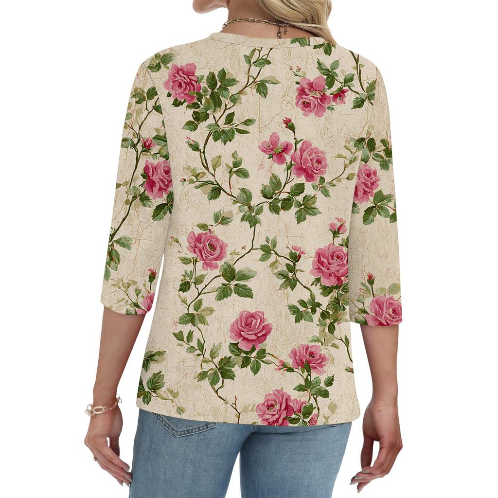 Women's Fashionable Casual Retro Floral Print V,Neck Button,Down Three,Quarter Sleeve T,Shirt Top