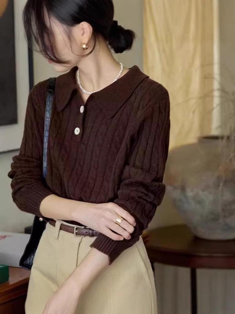 Autumn/Winter POLO Collar Cable Knit Wool Pullover Sweater, Long Sleeve and Loose Fit.