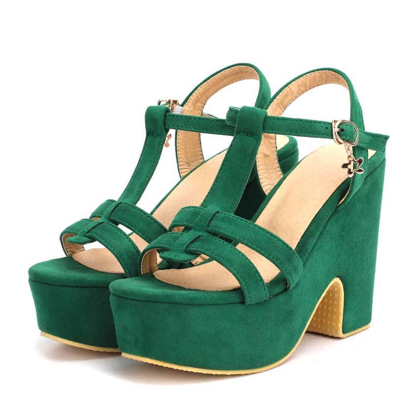 Women's Gladiator Sandals Platform Summer Shoes Sexy Punk Heels Flip Flops T-Straps Flock Green Black Party Shoes Female Vintage