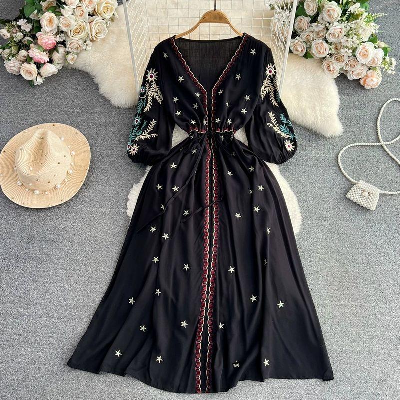 

Summer Retro Bohemia A- line Dress Embroidered Black One size