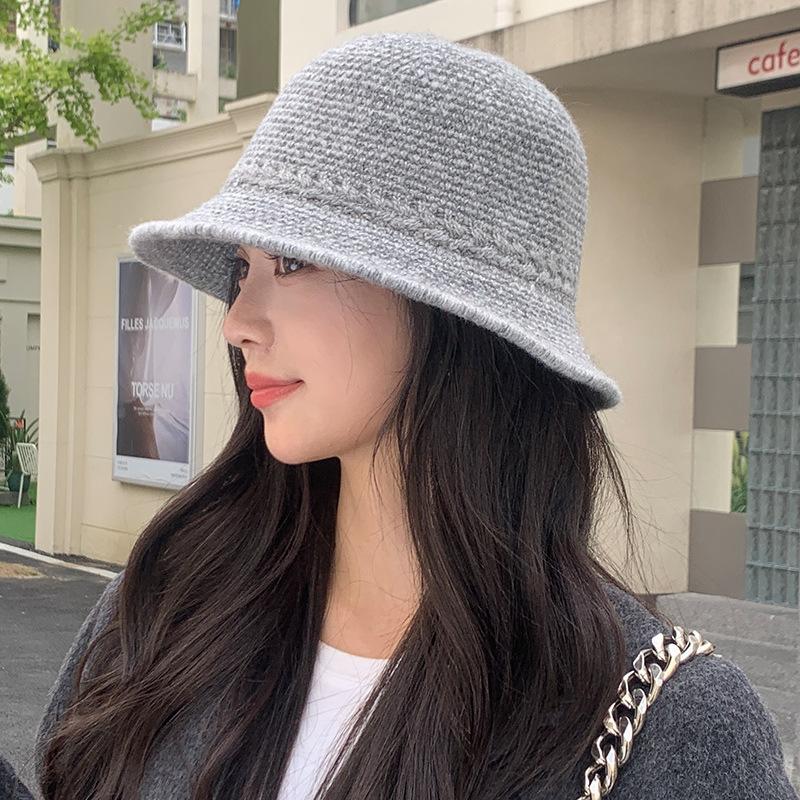 Knitted Fisherman Hat for Women Japanese Solid Color  Versatile Basin Hat Wide Brim Face  Showing Small Outdoor Bucket Hat