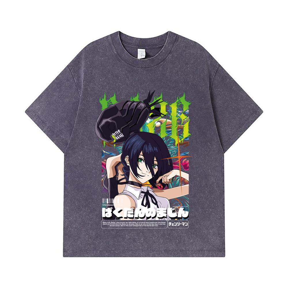 275 GSM Washed T-shirts 100% Cotton Chainsaw Man V54 Reze Print Unisex Heavy Cotton T Shirt
