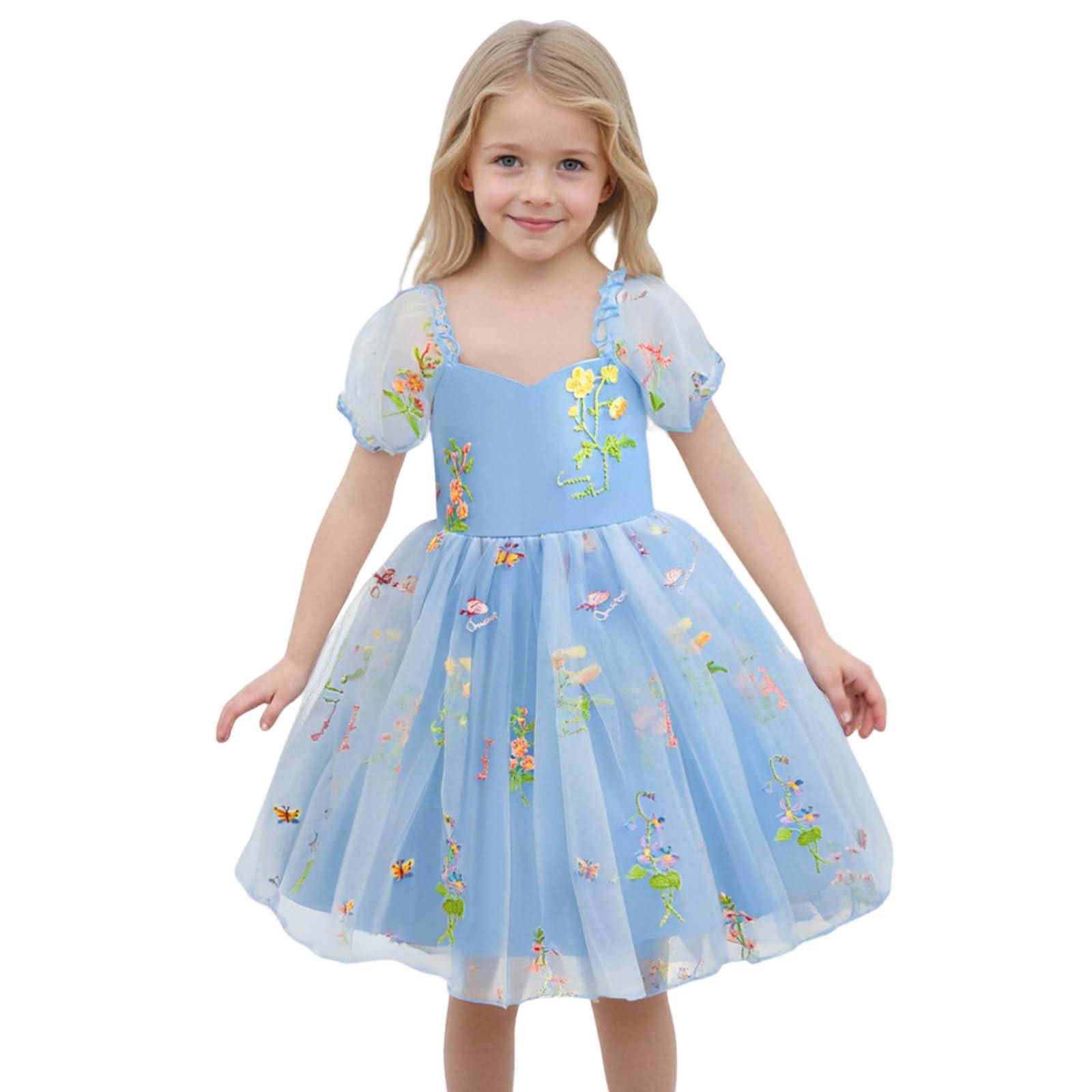 

Модные платья принцессы с рукавами-пузырями для девочек, милые сетчатые платья с цветочной вышивкой 1Y зелёный