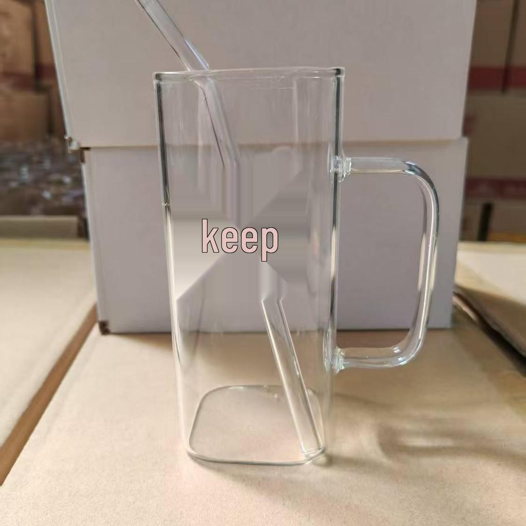 INS Stil Schmetterlingsbecher: Hohes Borosilikatglas, Transparentes quadratisches Design mit Griff & Strohhalm, Temperaturbeständig für Frauen.