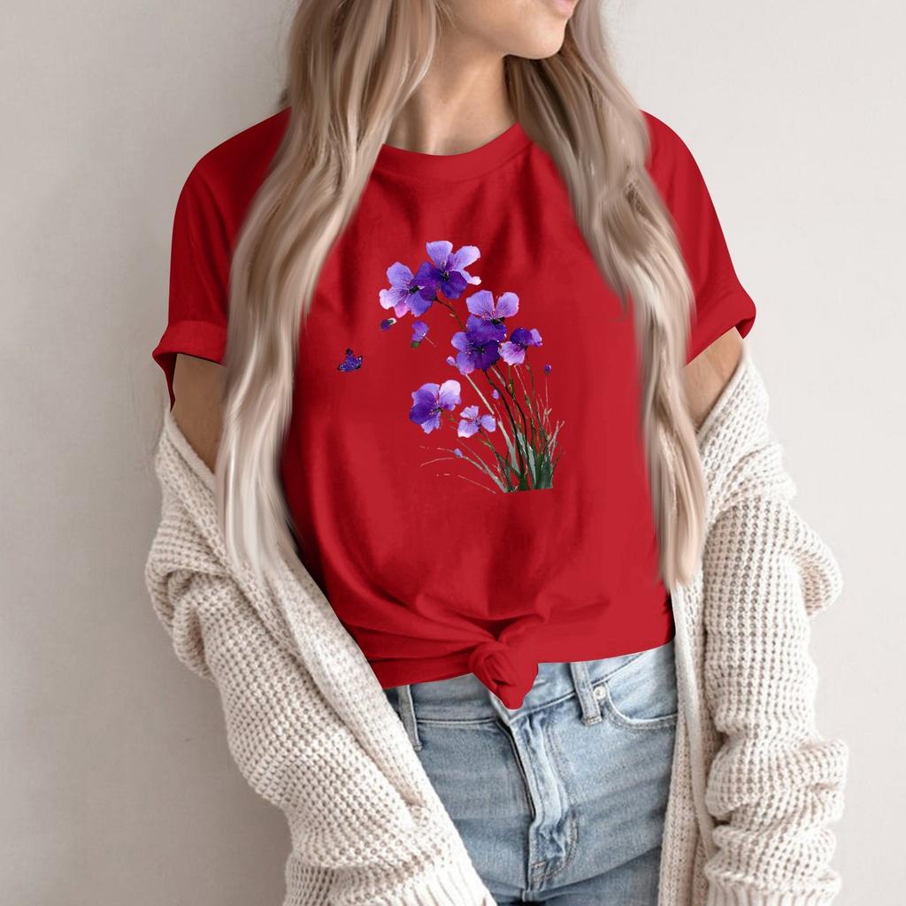 Camiseta Pulóver Casual de Moda para Mujer con Cuello Redondo Estampado y Manga Corta