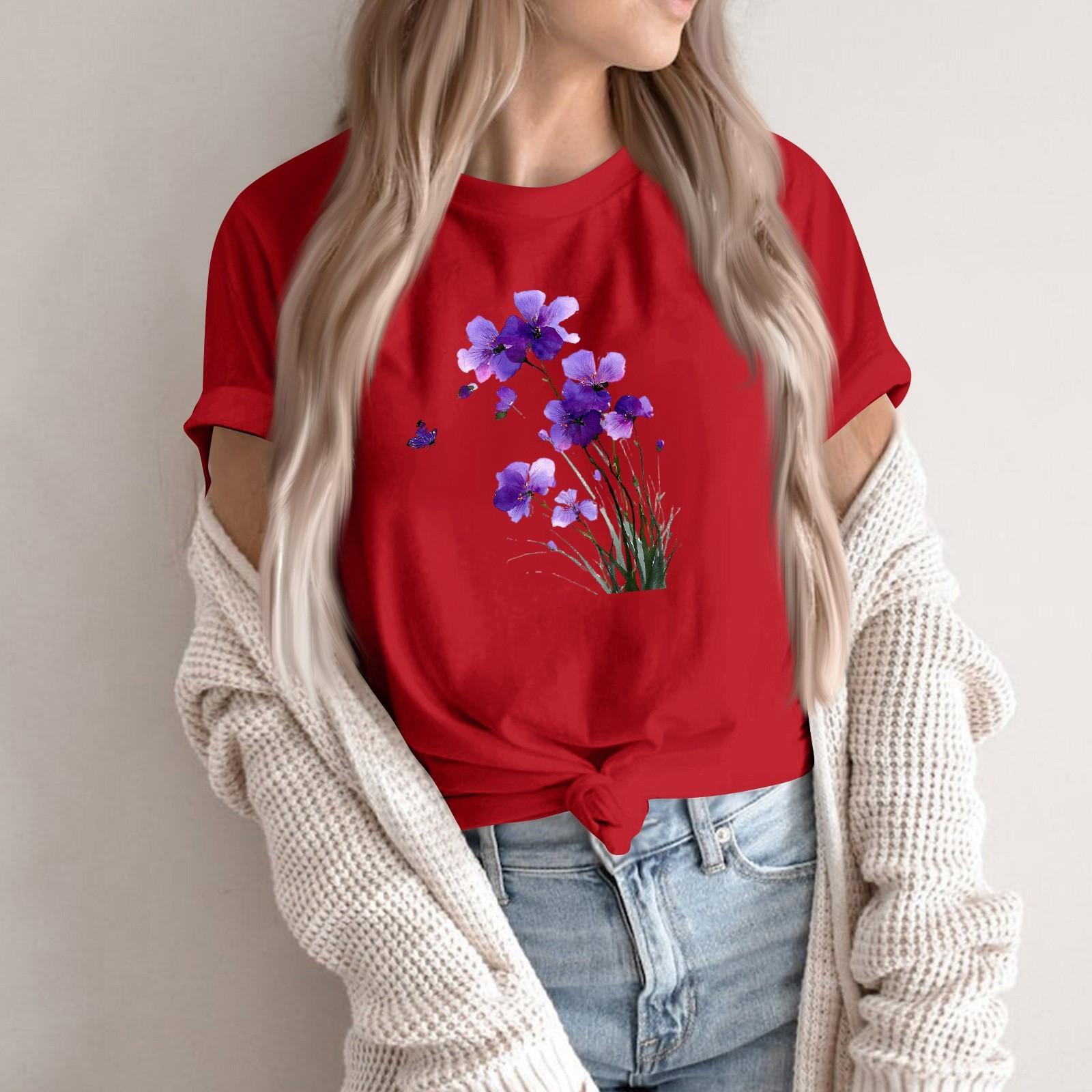 

Women s Fashion Casual Printed Round Neck Short Sleeved Pullover T-Shirt Top L червоний