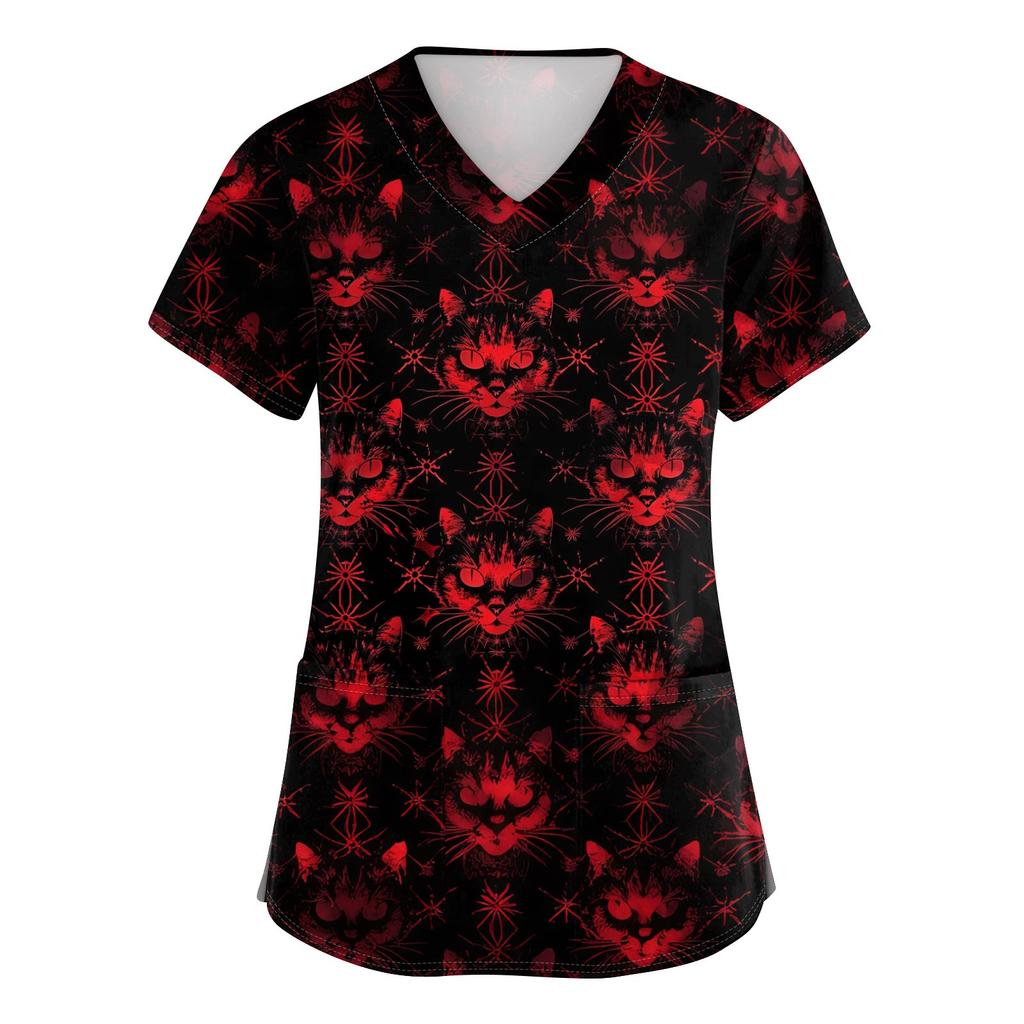 Women's V-neck Halloween Printed Short-sleeved Pocket Side-slit Protective Suit Top