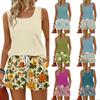 Women Summer Casual Two Piece Set Floral Print Sleeveless Square Neck Tank Top and Drawstring Shorts with Pockets