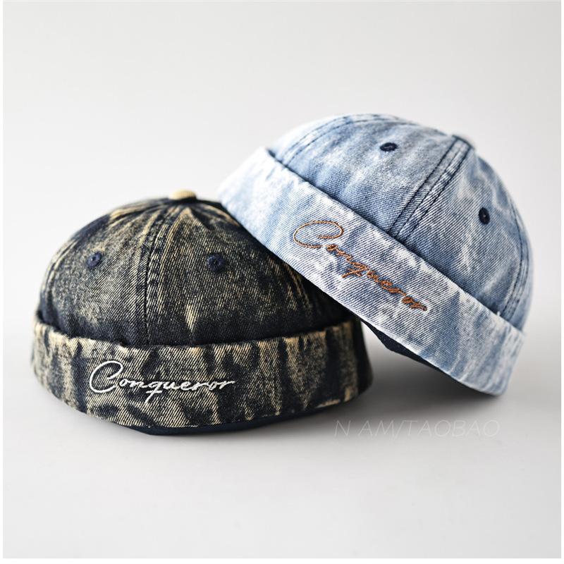 Berretto senza visiera in denim lavato effetto retrò, unisex, con ricamo lettera 'Conqueror', per feste casual, viaggi, abbigliamento quotidiano
