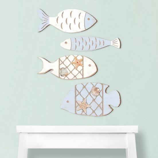 4 Pcs Wooden Fish Wall Decor Nautical Coastal Wood Fish Wall Art Rustic Hanging Beach Wall Sculpture for Lake House Home Bathroom Decor