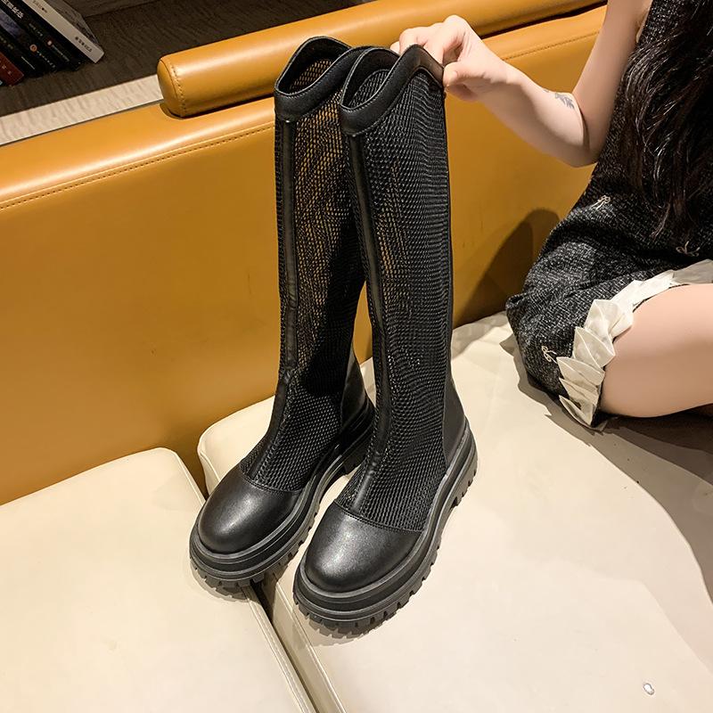 Summer soft leather mesh breathable women's boots are thin and fat mm hollow thick-soled cool boots, summer thin large tube seine boots women