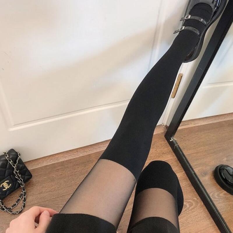 Women s Compression Stockings Slim Fit Two-Tone Long Knee Socks Skin Black