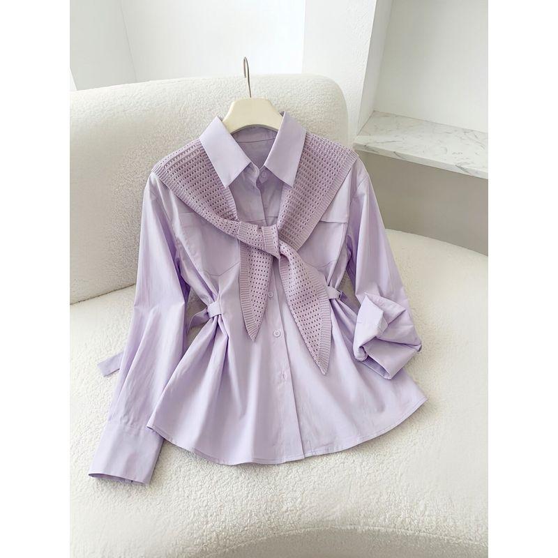 Sweet Maillard Style 2026 Spring New Korean Style Knitted Shawl Long Sleeve Turn-Down Collar Shirt for Women Purple S