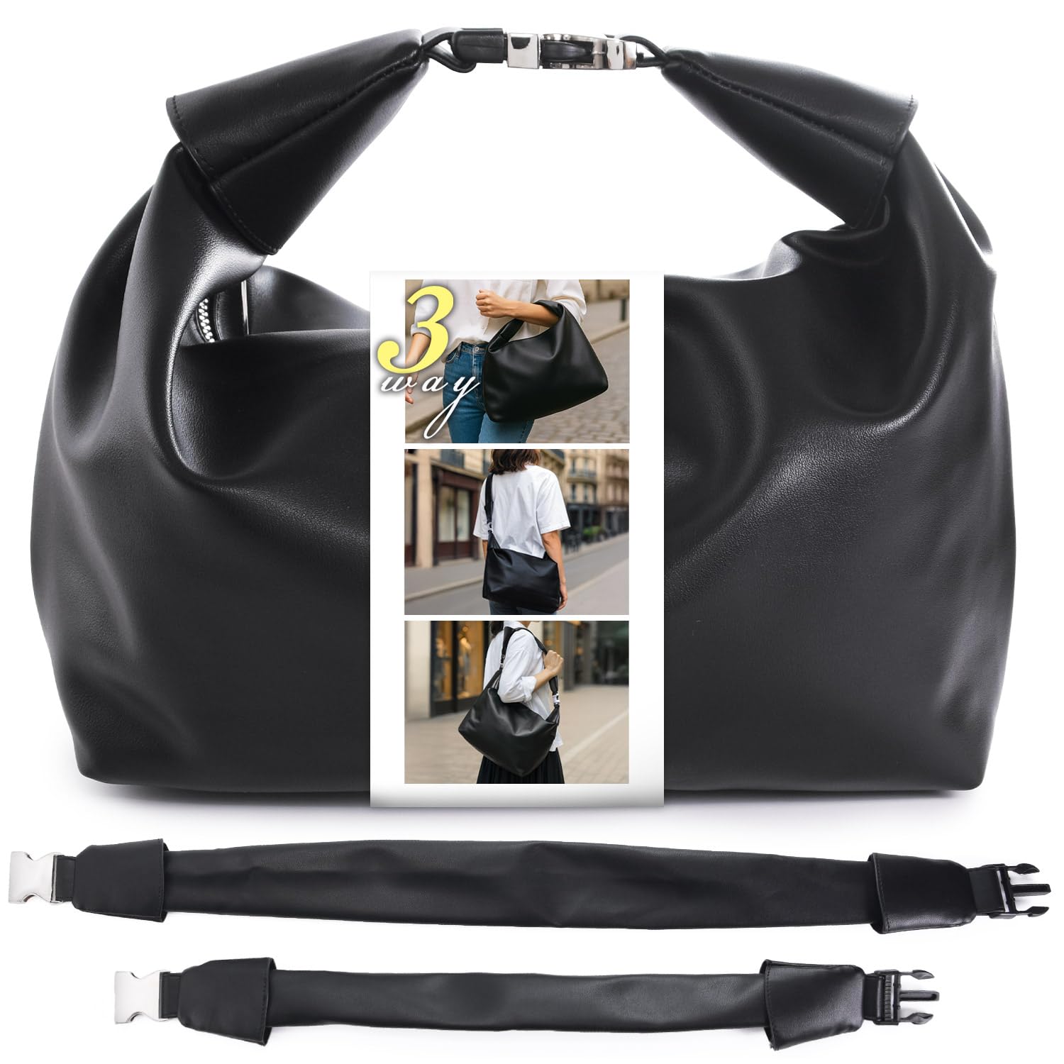 

Ignition Original 3-Way Leather Shoulder Bag, Black, Lightweight, Detachable Strap, One-Hand Tote, Crescent Shape, Perfect for New Beginnings