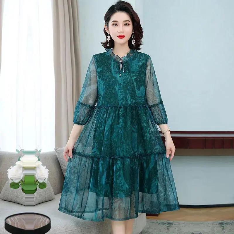 

Женское летнее платье свободного покроя с рукавом пять четвертей, юбка А-силуэта в стиле литературной элегантности XL темно-зеленого