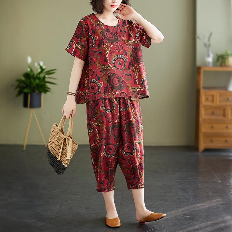 1116 summer new fat mm retro casual linen cotton printing round neck pullover short sleeve suit top cropped pants women