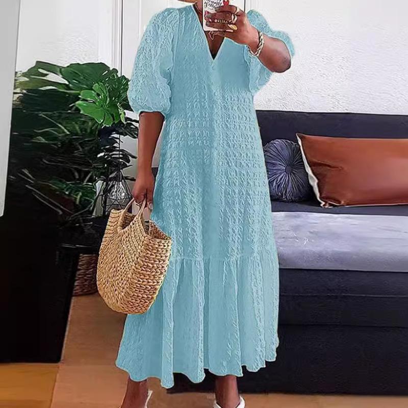 

Летнее хитовое новое плетеное однотонное платье с V-образным вырезом, на пуговицах, плиссированное, свободного кроя, повседневное 5XL светло-синий