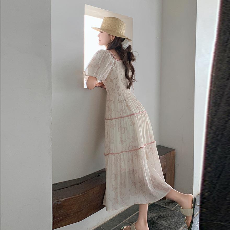 Bubble Sleeve Dress Women's Summer New Waist Thin Sweet Long Skirt