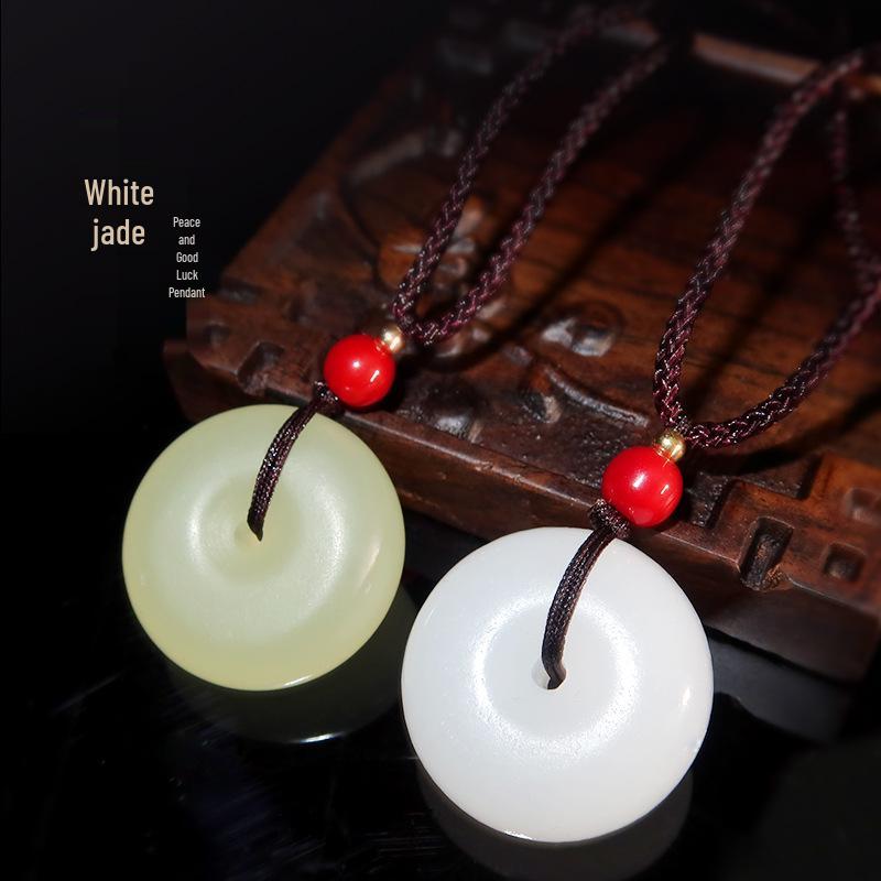 Natural White Afghan Jade Ping An Kou Pendant Necklace 104