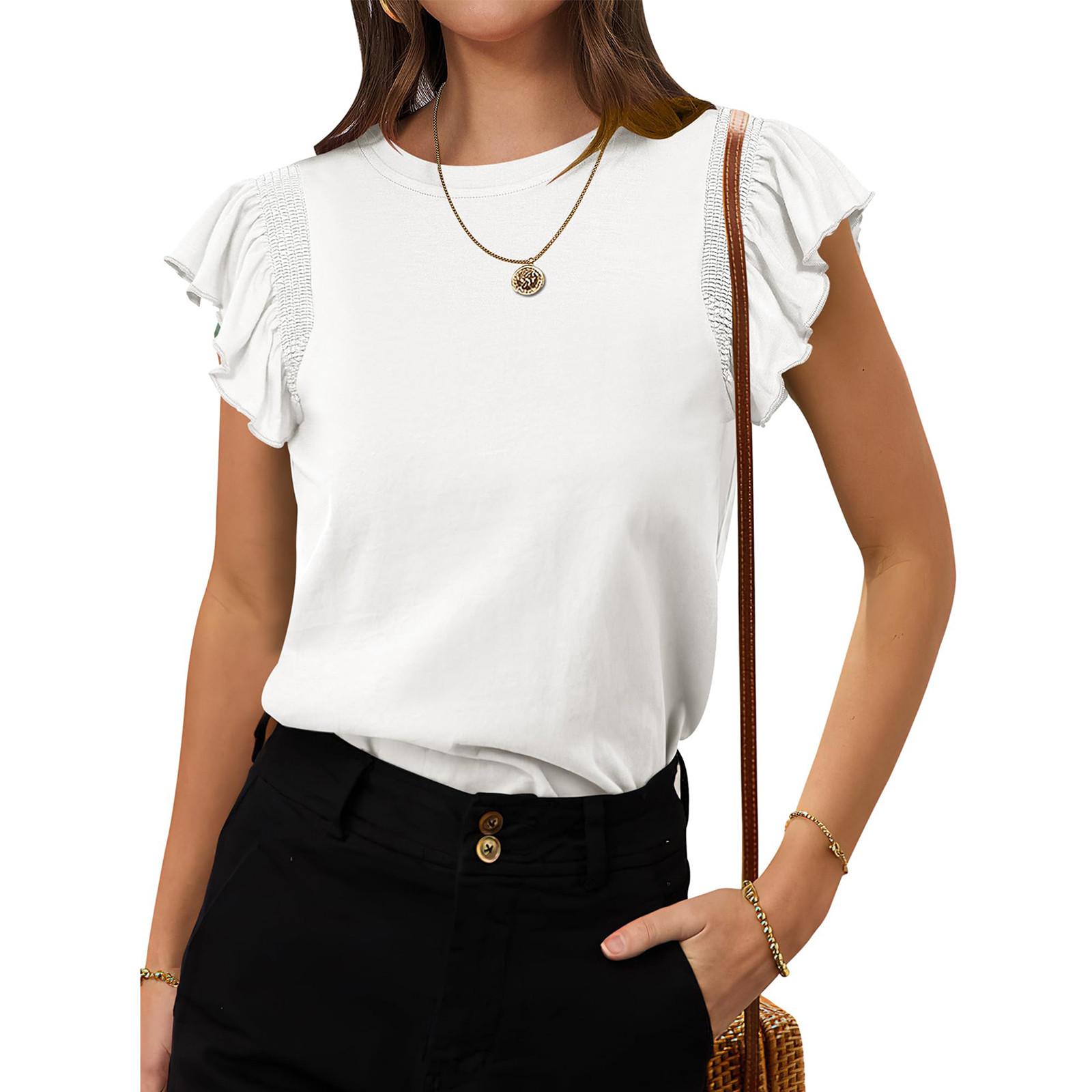 

Женский деловой повседневный нарядный топ с оборками и коротким рукавом, свободные футболки с круглым вырезом, летние блузки S белый