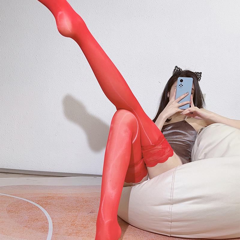 Horse Oil Women Stockings Sexy Shiny Satin Lace Top Silicone Anti-skid Legs Socks Summer Pantyhose Tight Female Smoothly Hosiery