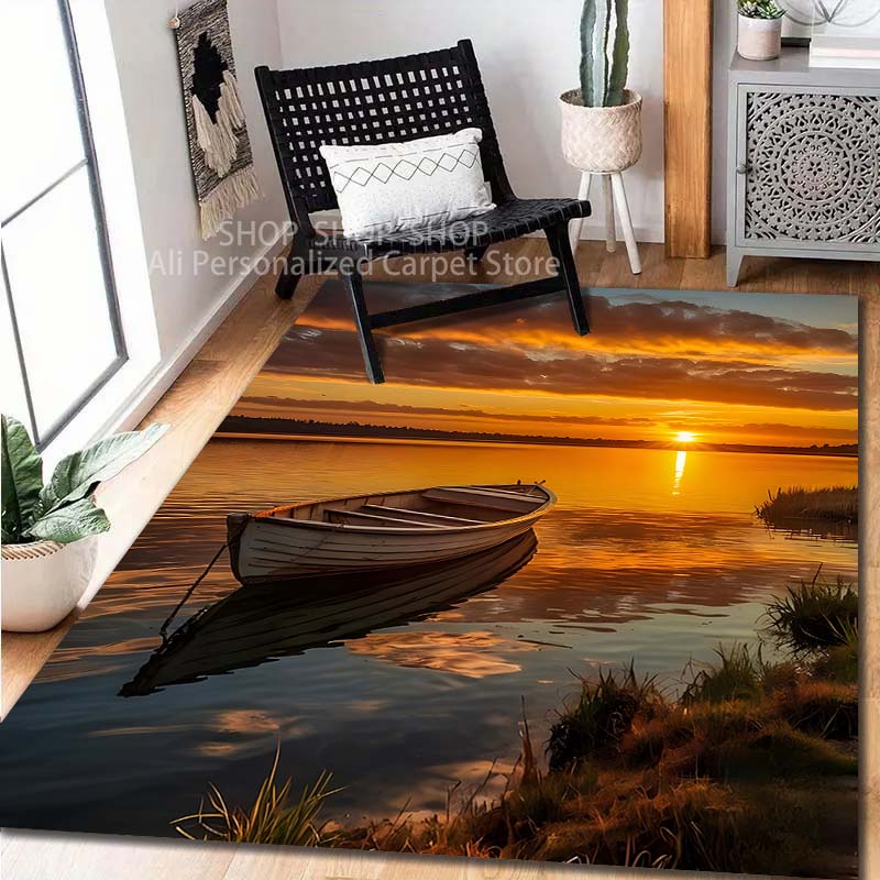 1PC Sunset Boat Scenery Pattern Carpet for Living Room Bedroom Sofa Home Decor Non-slip Floor Mat Large Size Washable