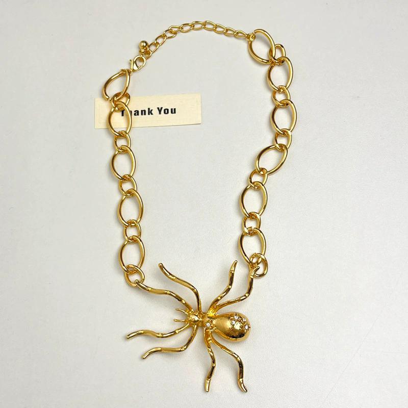Exaggerated Rhinestone Metal Giant Spider Pendant Necklace Women's 2025 New Vintage Choker Ring Brooch Punk Party Jewelry Access