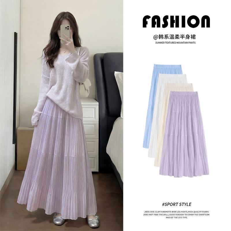 Purple skirt women's spring and autumn new gentle pleated long skirt Korean temperament a word umbrella skirt cake skirt