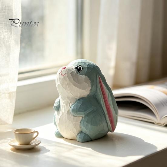 Office Desk Aesthetic Accessories Hand-Carved Lop-Eared Bunny Ornament, Cute Animal Figurine, Natural Wood Carving Art Small Decorative Statue