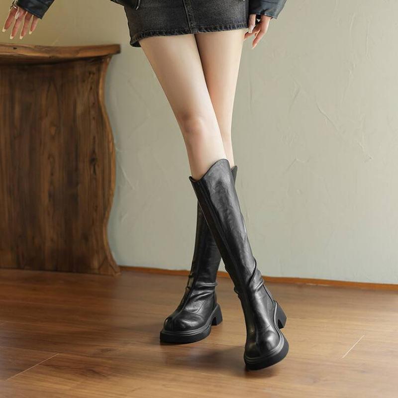 

Женские высокие сапоги на осень и зиму, резиновая подошва, средний каблук, большой размер, женская обувь, квадратный каблук, корейская версия, квадратный носок, женские сапоги, новые Ма 39 чёрный
