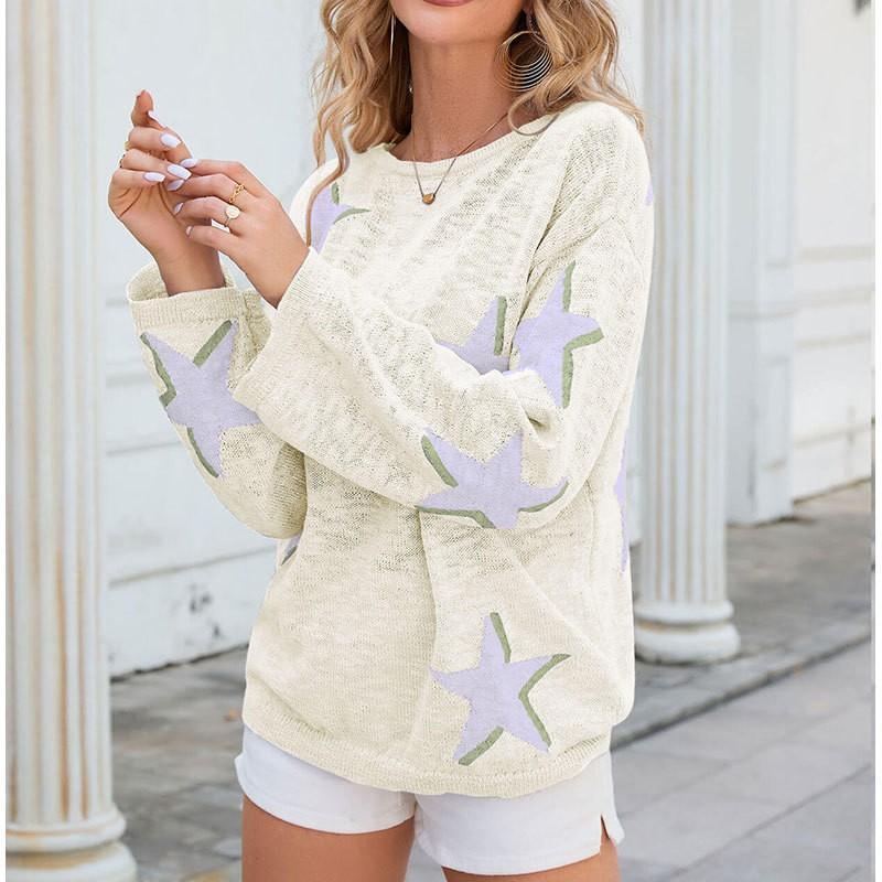 Womens Loose Fit Long Sleeve Knit Sweater With Star Round Neck Casual Pullover