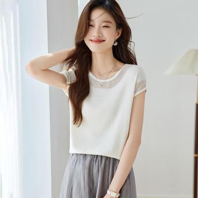 Srcr Women's Short Sleeve Mulberry Silk Blend Lace Knit Top