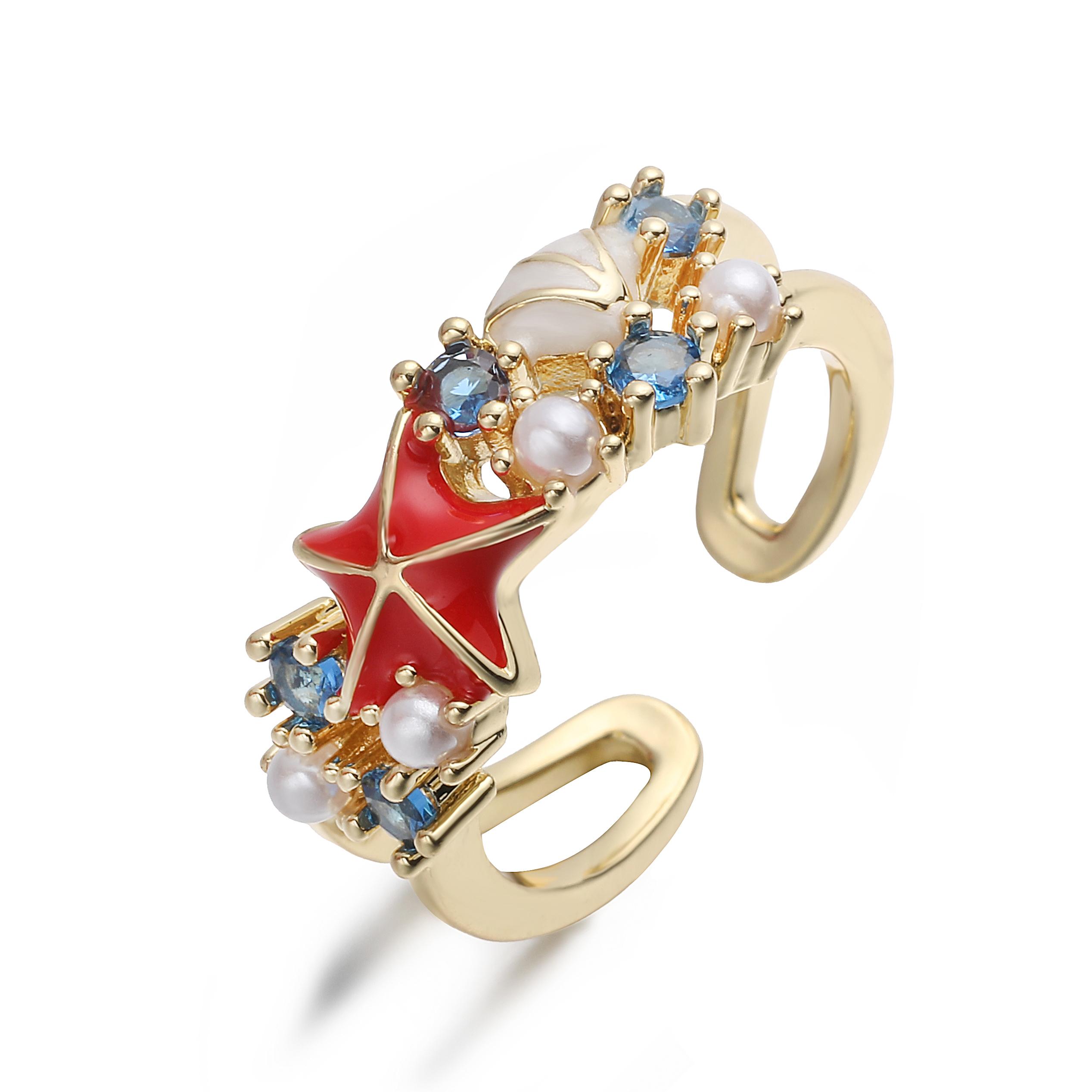 

HECHENG,Enamel Dripping Glaze White Starfish CZ Stone Beach Party Zircon Ring Adjustable Open Band Unisex Accessory resizable