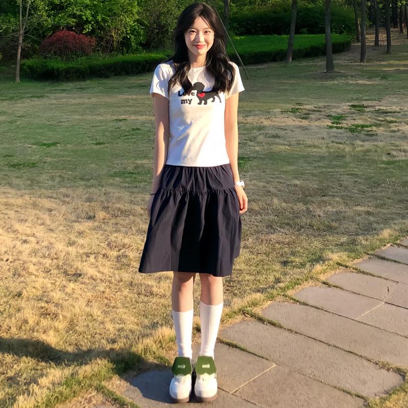 Navy Blue Japanese-Style A-Line Midi Skirt for Women - Summer 2025, High-Waisted, Casual Versatile College Style