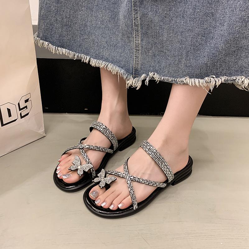 Summer new cool slippers flat-bottomed fashion women's rhinestones with Roman tide bow one-word beach women's shoes
