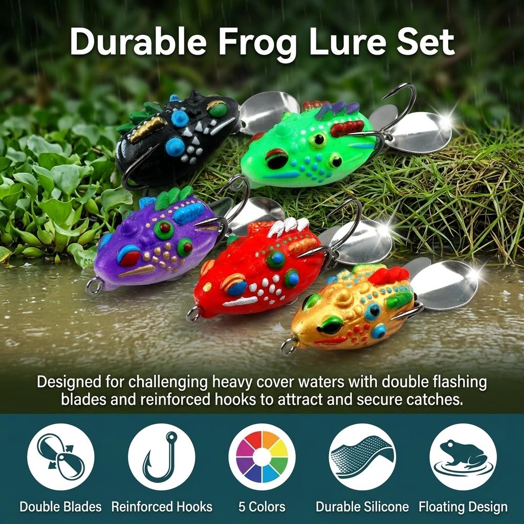 Frog Lure Set with Double Flashing Blades and Reinforced Hooks for Bass Fishing in Freshwater and Saltwater