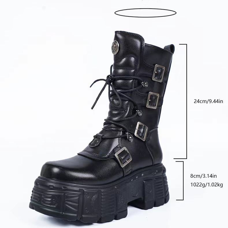Cyber Rock Women's New Metal Punk Tank Locomotive Heightened Thick Bottomtie Lace Up Medium Tube Diablo Platform Heels Boots