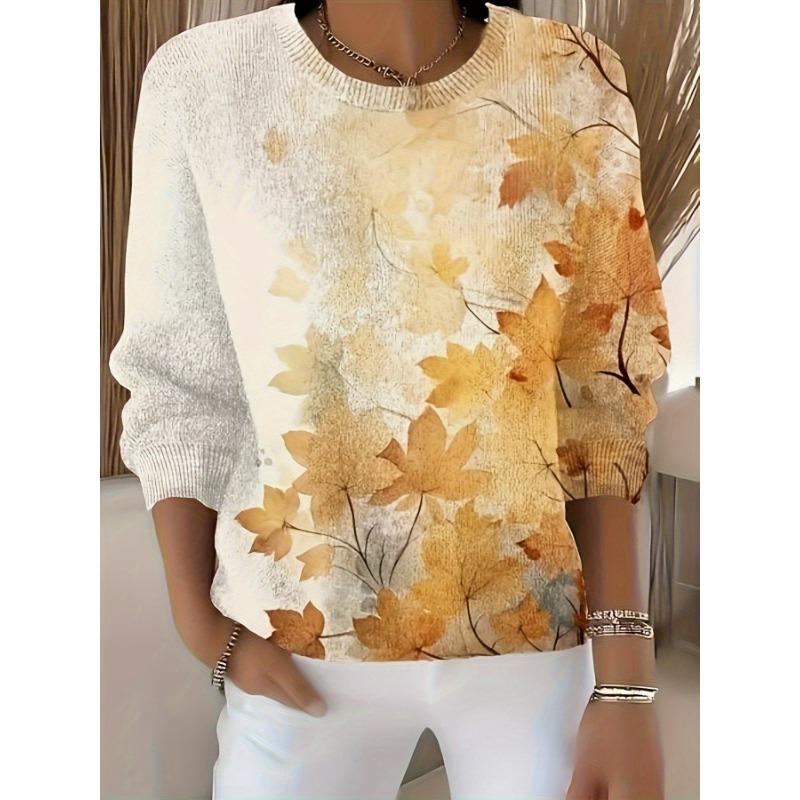 Autumn Winter New Women'S Maple Leaf Pattern Printed Breathable Elegant Style Fashion Retro Pattern Printed Sweater