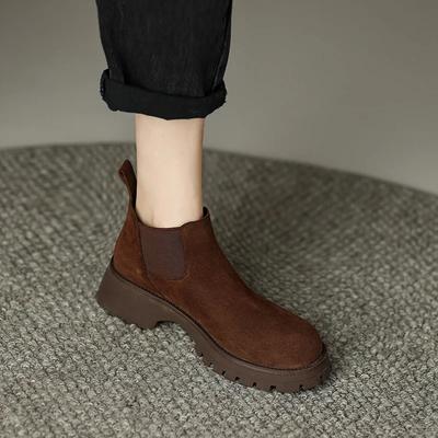 Mode Automne 2024 Bottes Femme Bout Rond Talon Haut Cuir Daim Vache Chaussures Femme Bottes Hiver Talon Carré Bottines Cuir Véritable