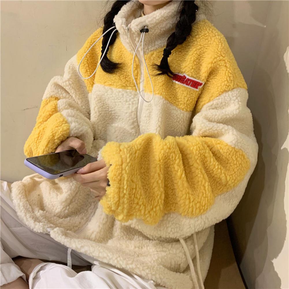Women Winter Coat Colorbblock Thick Soft Plush Cold Resistant Patchwork Big Pockets Long Sleeve Drawstring Lady Outdoor Coat