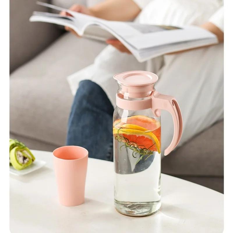 1Pc Glass Water Pitcher Heat Resistant Glass Carafe Beverage Juice Dispenser Cold Water Kettle with With Lid and Handle