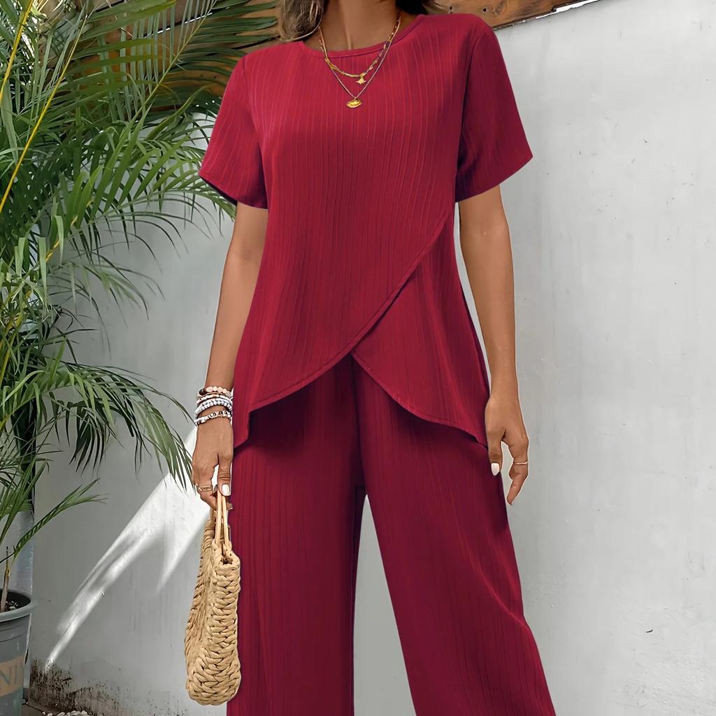 Casual Solid Suit Women Fashion Round Neck Short Sleeve Irregular Split Top Elastic Waist Trousers Two Piece Set