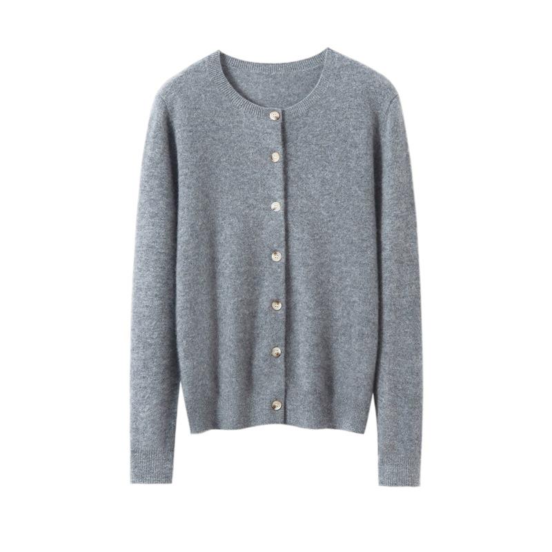 Women's 100% Pure Cashmere Round Neck Cardigan - Autumn/Winter Fashion Long Sleeve Knit Sweater Coat